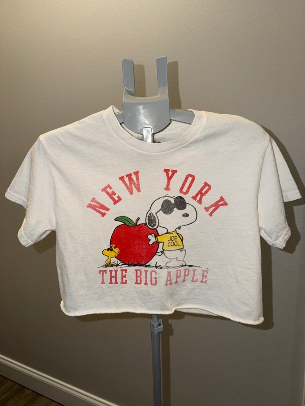 Junk Food As Revival Clothing White Cropped Tee with Red Apple & Snoopy Graphic